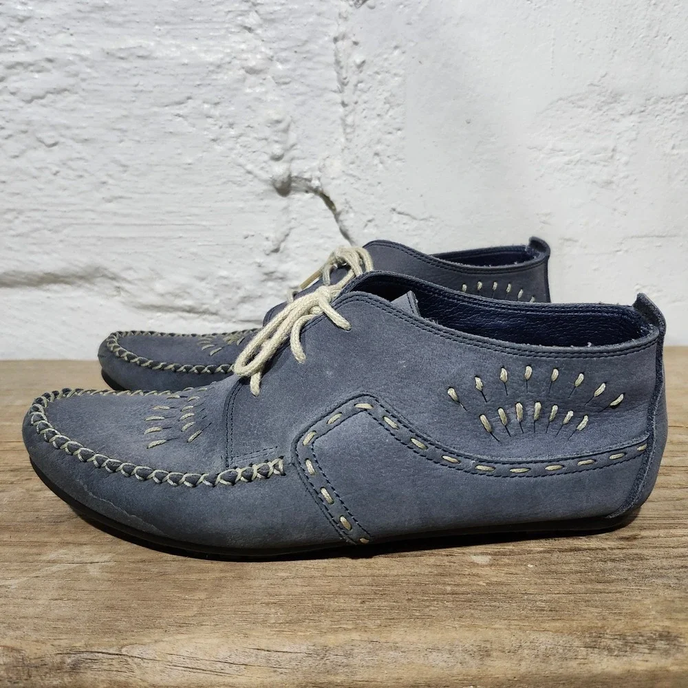 Hush Puppies Easy Times Blue Leather Whipstitch Embroidered Lace Up Loafers 8D